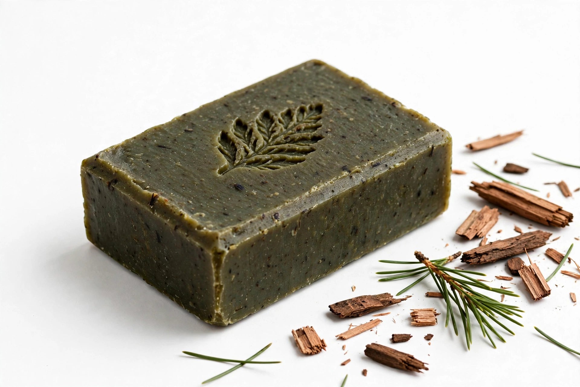 Cedar + Pine bare soap bar with cedar chips and pine needles on plain white background